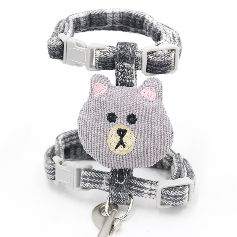 New Cat Pulling Rope I-Shaped Cat Chain Dog Leash Cute Bear Head Pet&#039;s Chest-Back Traction Belt Wholesale