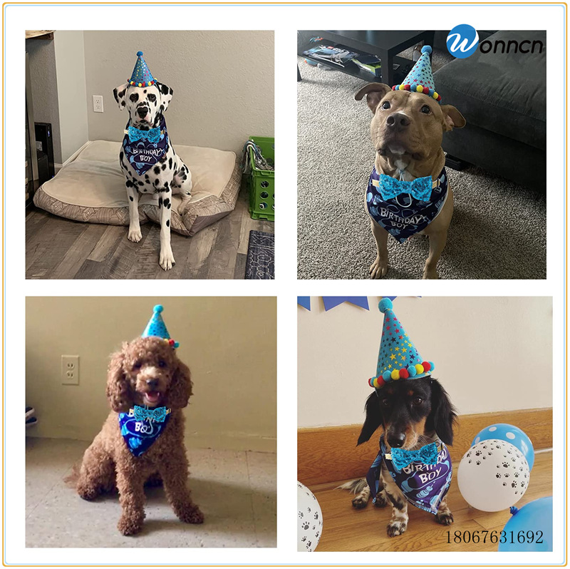 Dog Birthday Hat Triangle Scarf Glitter Bow Tie Pet Birthday Supplies Printing Happy Birthday Three-Piece Set