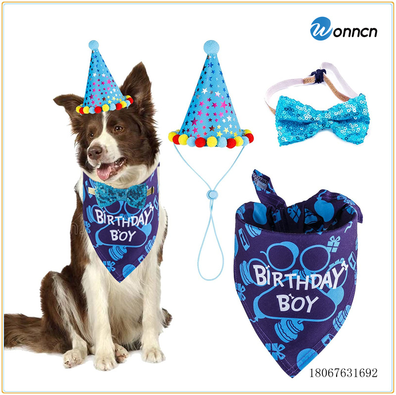 Dog Birthday Hat Triangle Scarf Glitter Bow Tie Pet Birthday Supplies Printing Happy Birthday Three-Piece Set