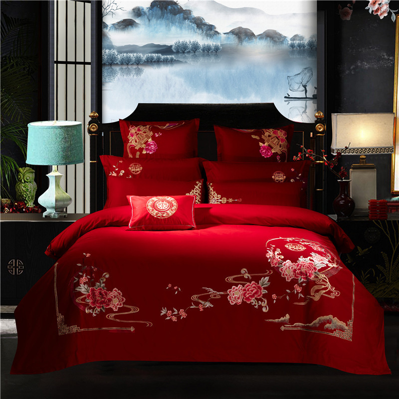 Wedding bedding Wedding Four-Piece Set Bright Red Six-Piece Wedding Bedding Bed Sheet Cover Match Sets
