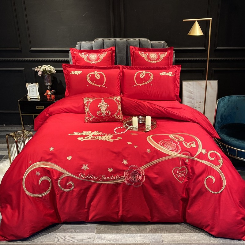 Wedding bedding Wedding Four-Piece Set Bright Red Six-Piece Wedding Bedding Bed Sheet Cover Match Sets