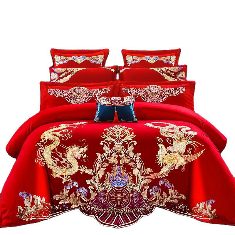 Embroidery FourPiece Set Big Red Joy Quilt Bedding Wedding Quilt Cover Wedding Bedding Wedding Pink Jade SixPiece Set
