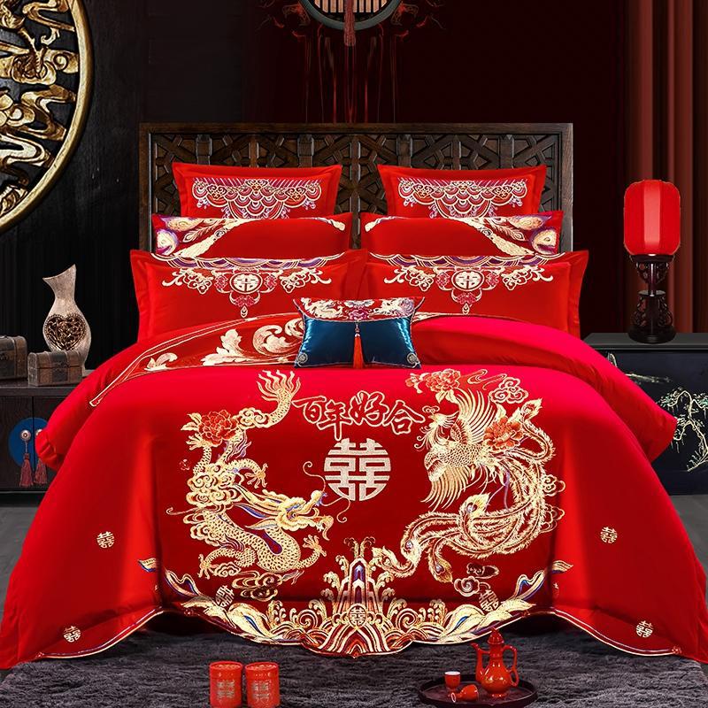 Embroidery FourPiece Set Big Red Joy Quilt Bedding Wedding Quilt Cover Wedding Bedding Wedding Pink Jade SixPiece Set