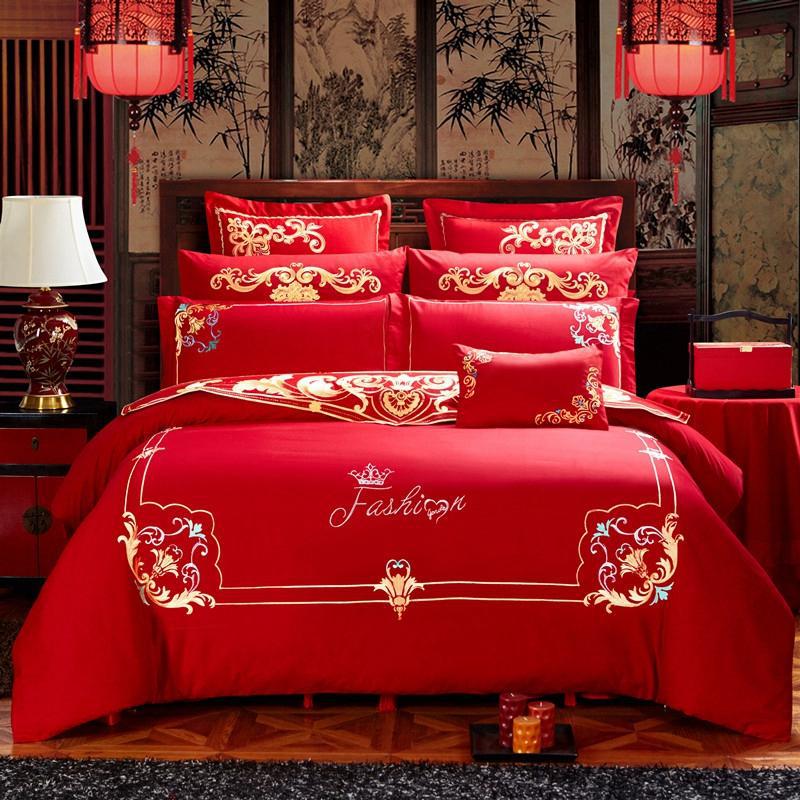 Embroidery FourPiece Set Big Red Joy Quilt Bedding Wedding Quilt Cover Wedding Bedding Wedding Pink Jade SixPiece Set