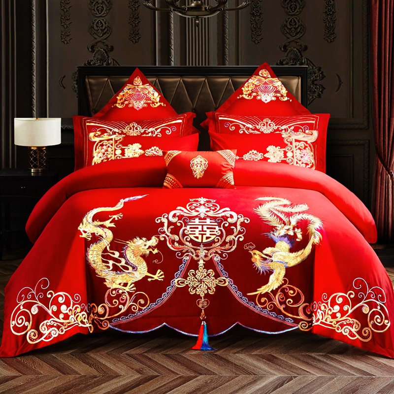 Cotton Four-Piece Set Embroidery Big Red Joy Bedding Wedding Quilt Cover Wedding Bedding Wedding Set Wedding bedding