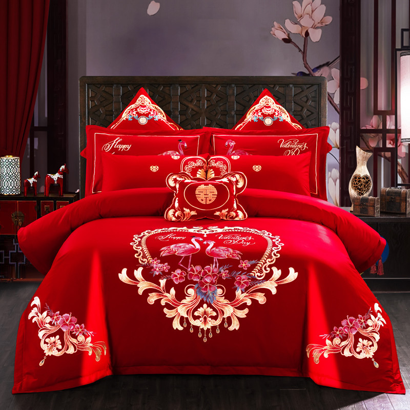 Cotton Four-Piece Set Embroidery Big Red Joy Bedding Wedding Quilt Cover Wedding Bedding Wedding Set Wedding bedding