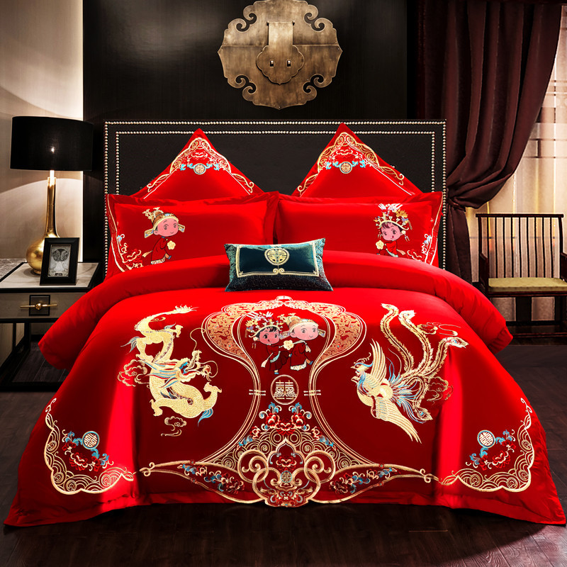 Cotton Four-Piece Set Embroidery Big Red Joy Bedding Wedding Quilt Cover Wedding Bedding Wedding Set Wedding bedding