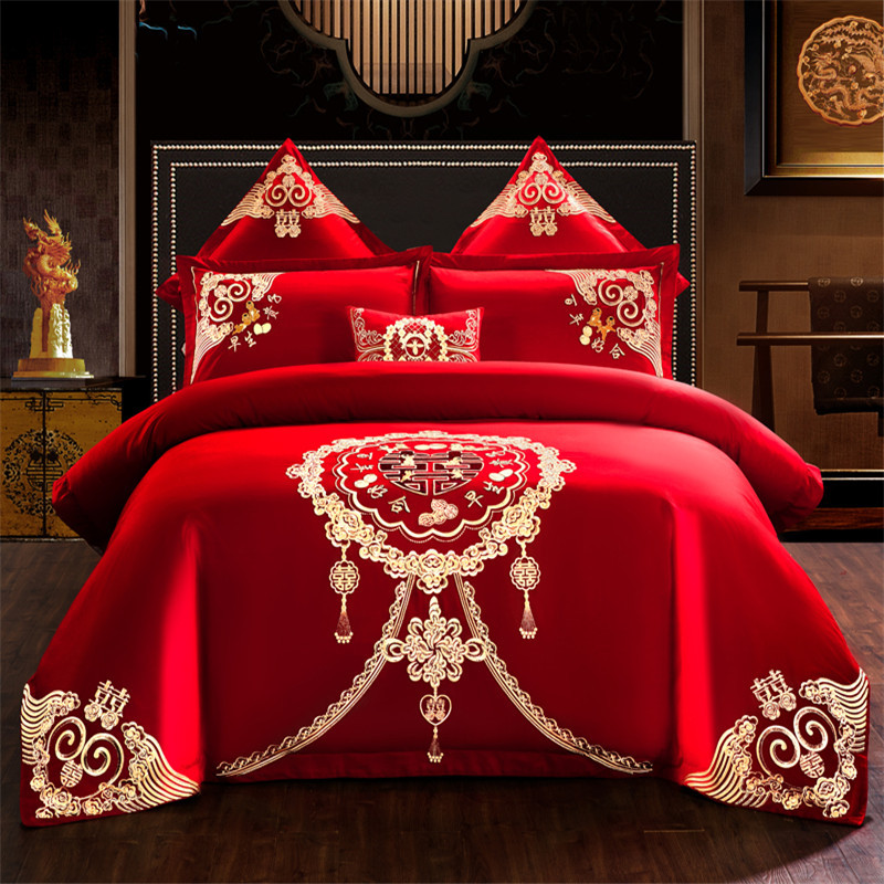 Cotton Four-Piece Set Embroidery Big Red Joy Bedding Wedding Quilt Cover Wedding Bedding Wedding Set Wedding bedding