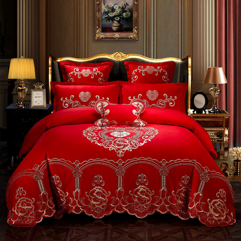 Cotton Four-Piece Set Embroidery Big Red Joy Bedding Wedding Quilt Cover Wedding Bedding Wedding Set Wedding bedding