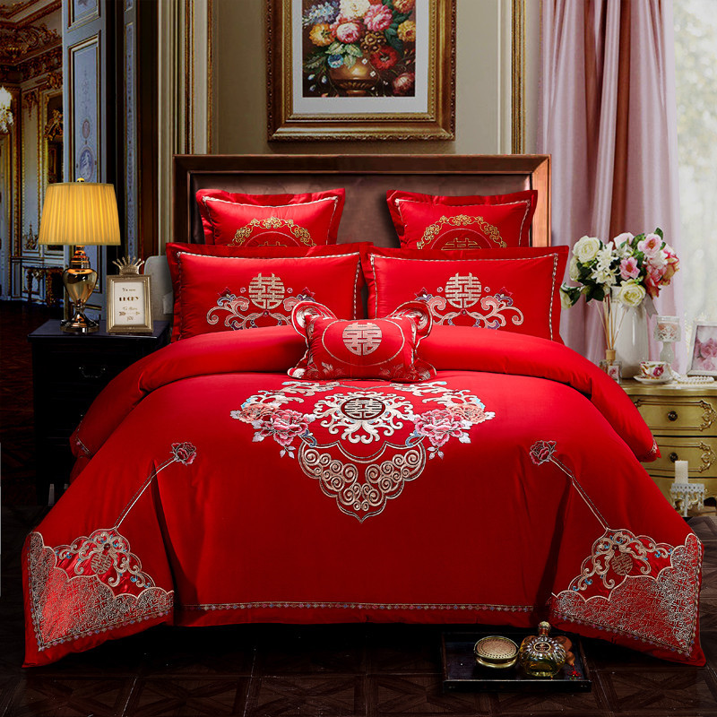 Cotton Four-Piece Set Embroidery Big Red Joy Bedding Wedding Quilt Cover Wedding Bedding Wedding Set Wedding bedding
