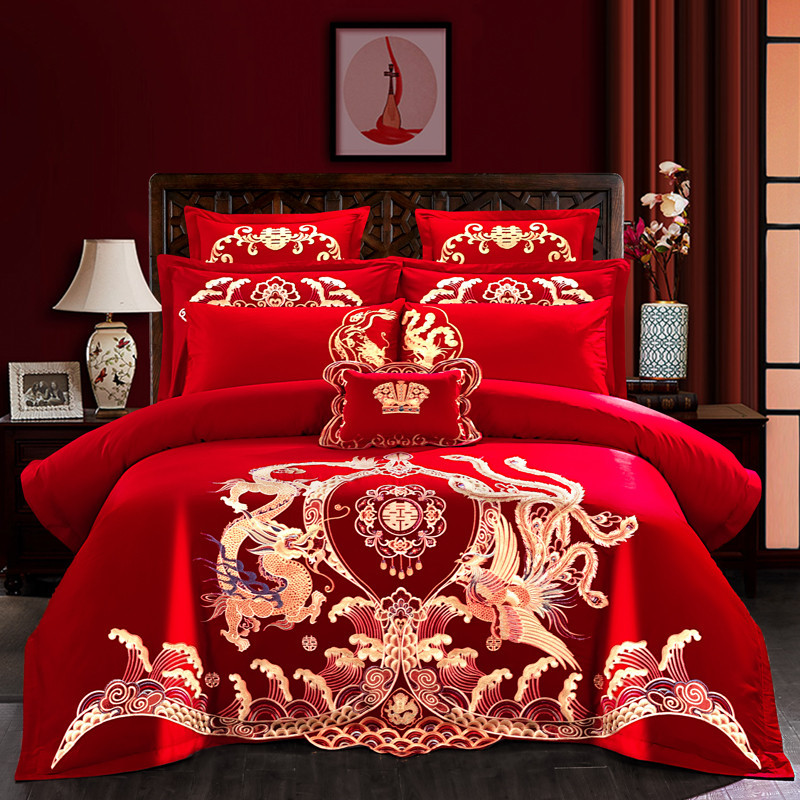 Cotton Four-Piece Set Embroidery Big Red Joy Bedding Wedding Quilt Cover Wedding Bedding Wedding Set Wedding bedding