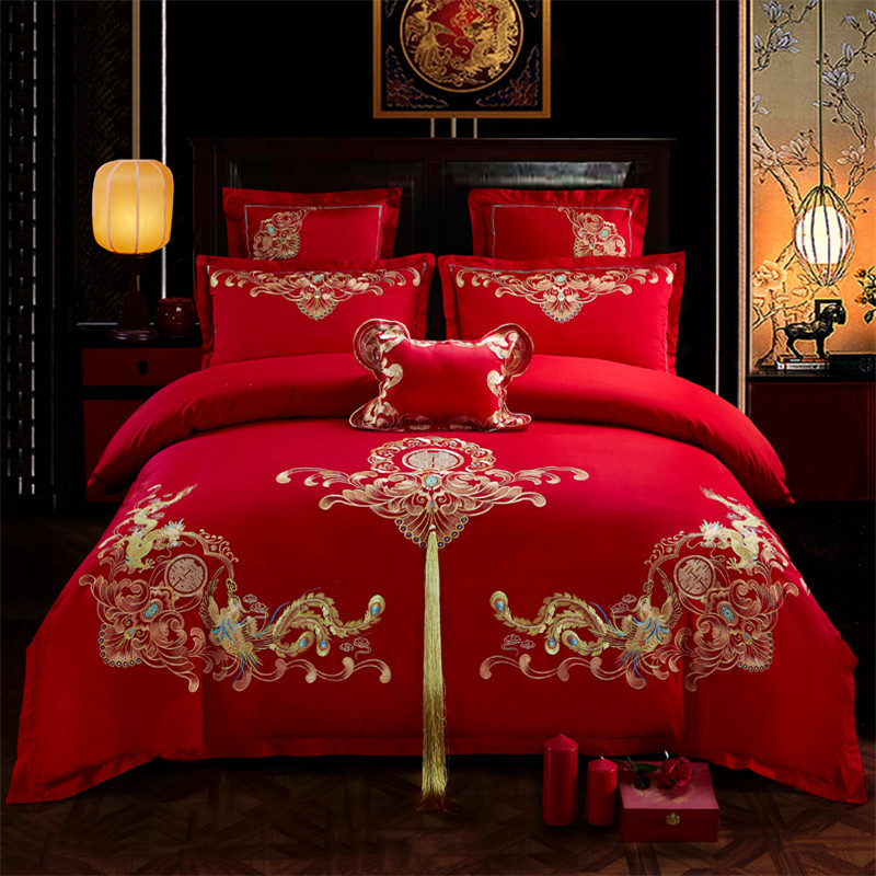 Cotton Four-Piece Set Embroidery Big Red Joy Bedding Wedding Quilt Cover Wedding Bedding Wedding Set Wedding bedding