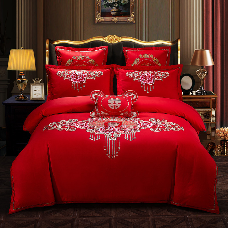 Cotton Four-Piece Set Embroidery Big Red Joy Bedding Wedding Quilt Cover Wedding Bedding Wedding Set Wedding bedding