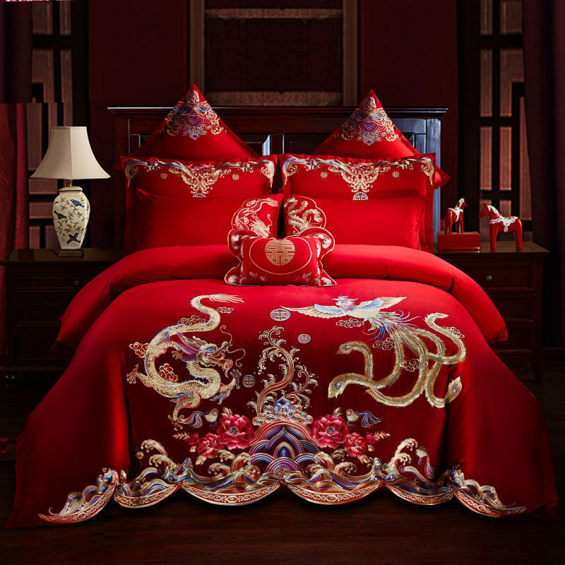 Cotton Four-Piece Set Embroidery Big Red Joy Bedding Wedding Quilt Cover Wedding Bedding Wedding Set Wedding bedding