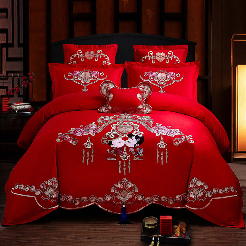 Cotton Four-Piece Set Embroidery Big Red Joy Bedding Wedding Quilt Cover Wedding Bedding Wedding Set Wedding bedding