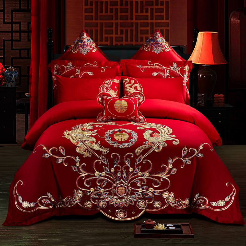 Cotton Four-Piece Set Embroidery Big Red Joy Bedding Wedding Quilt Cover Wedding Bedding Wedding Set Wedding bedding