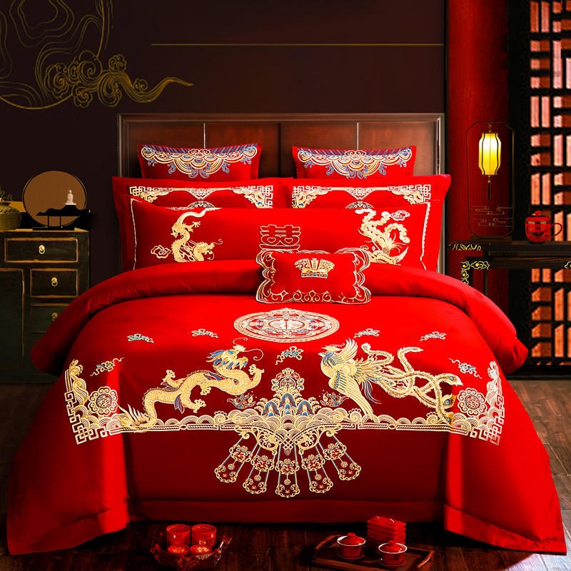 Cotton Four-Piece Set Embroidery Big Red Joy Bedding Wedding Quilt Cover Wedding Bedding Wedding Set Wedding bedding