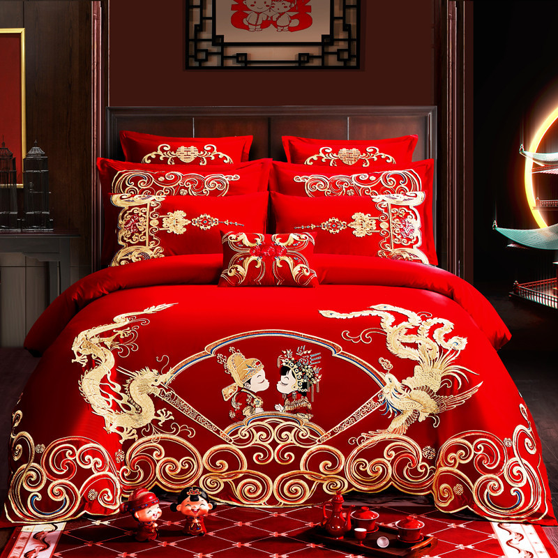 Cotton Four-Piece Set Embroidery Big Red Joy Bedding Wedding Quilt Cover Wedding Bedding Wedding Set Wedding bedding