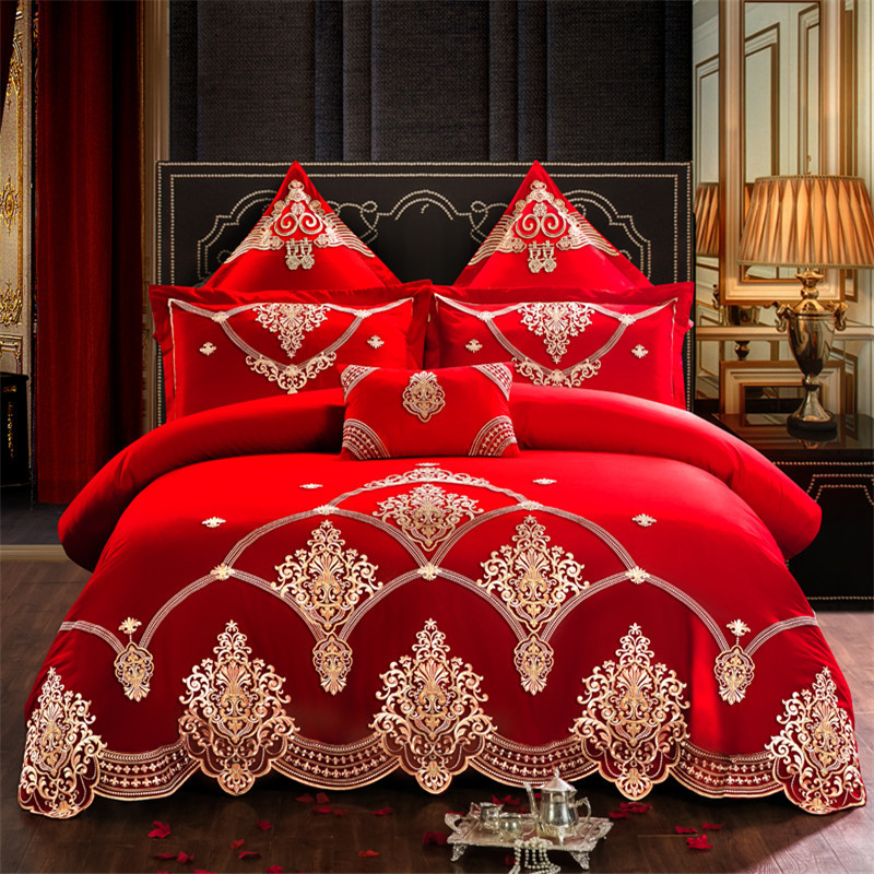 Cotton Four-Piece Set Embroidery Big Red Joy Bedding Wedding Quilt Cover Wedding Bedding Wedding Set Wedding bedding