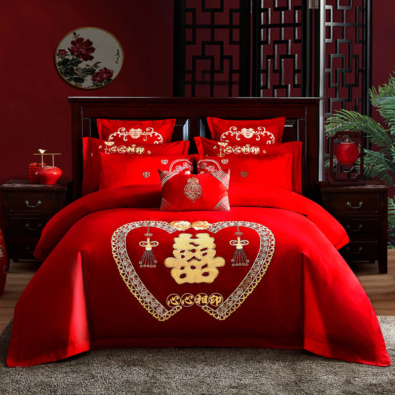 Cotton Four-Piece Set Embroidery Big Red Joy Bedding Wedding Quilt Cover Wedding Bedding Wedding Set Wedding bedding