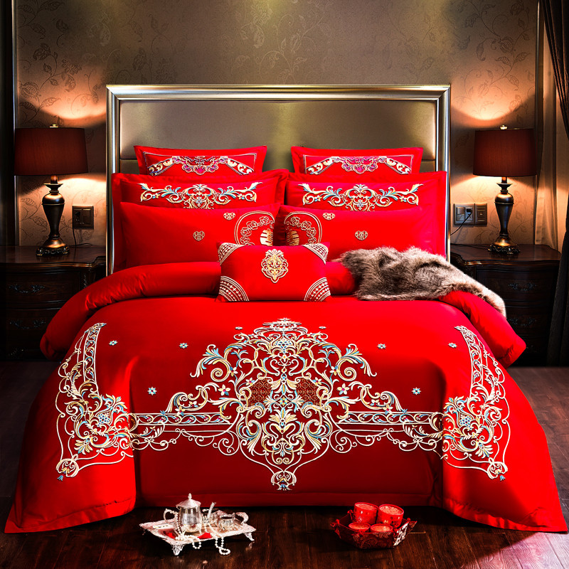Cotton Four-Piece Set Embroidery Big Red Joy Bedding Wedding Quilt Cover Wedding Bedding Wedding Set Wedding bedding