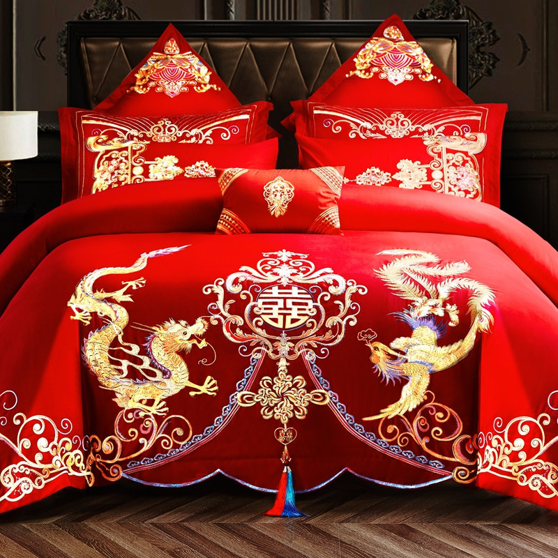 Cotton Four-Piece Set Embroidery Big Red Joy Bedding Wedding Quilt Cover Wedding Bedding Wedding Set Wedding bedding