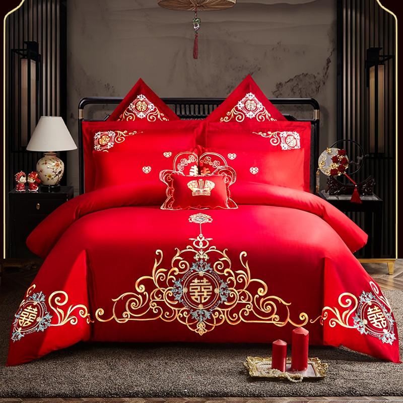 Cotton Four-Piece Set Embroidery Big Red Joy Bedding Wedding Quilt Cover Wedding Bedding Wedding Set Wedding bedding