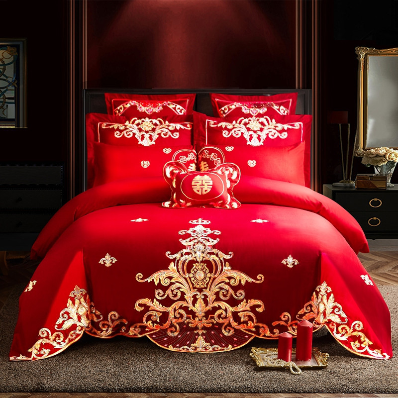 Cotton Four-Piece Set Embroidery Big Red Joy Bedding Wedding Quilt Cover Wedding Bedding Wedding Set Wedding bedding