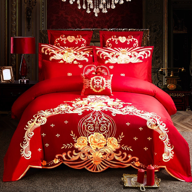 Cotton Four-Piece Set Embroidery Big Red Joy Bedding Wedding Quilt Cover Wedding Bedding Wedding Set Wedding bedding