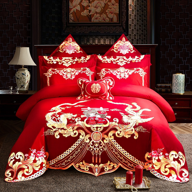 Cotton Four-Piece Set Embroidery Big Red Joy Bedding Wedding Quilt Cover Wedding Bedding Wedding Set Wedding bedding