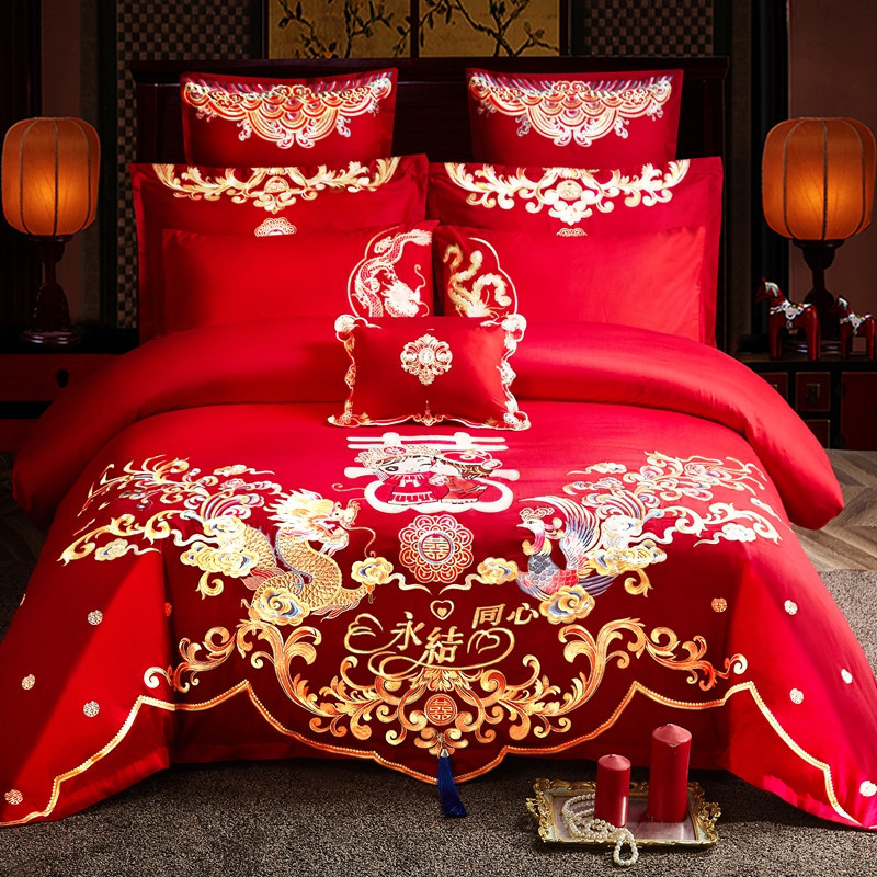 Cotton Four-Piece Set Embroidery Big Red Joy Bedding Wedding Quilt Cover Wedding Bedding Wedding Set Wedding bedding