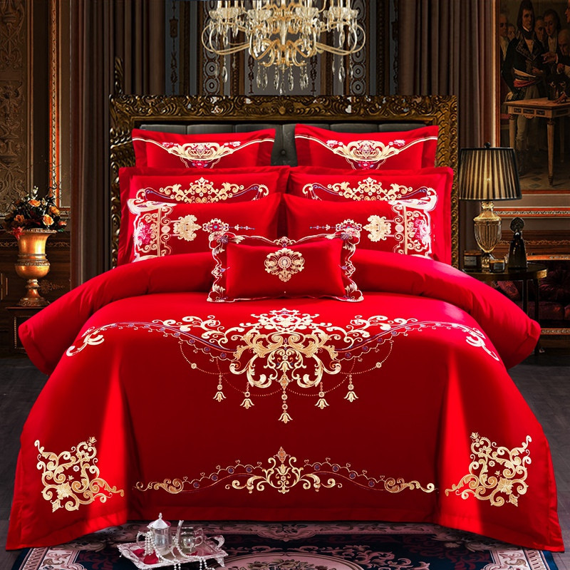 Cotton Four-Piece Set Embroidery Big Red Joy Bedding Wedding Quilt Cover Wedding Bedding Wedding Set Wedding bedding