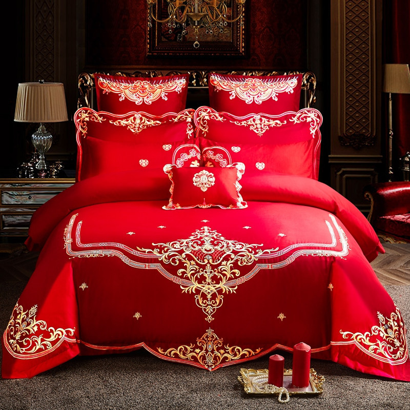 Cotton Four-Piece Set Embroidery Big Red Joy Bedding Wedding Quilt Cover Wedding Bedding Wedding Set Wedding bedding