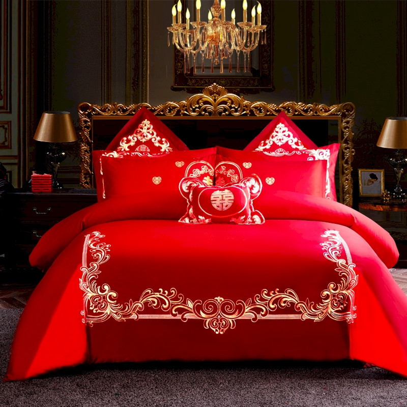 Cotton Four-Piece Set Embroidery Big Red Joy Bedding Wedding Quilt Cover Wedding Bedding Wedding Set Wedding bedding