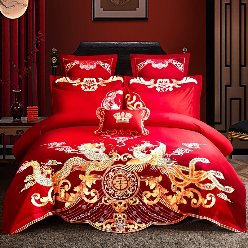 Cotton Four-Piece Set Embroidery Big Red Joy Bedding Wedding Quilt Cover Wedding Bedding Wedding Set Wedding bedding