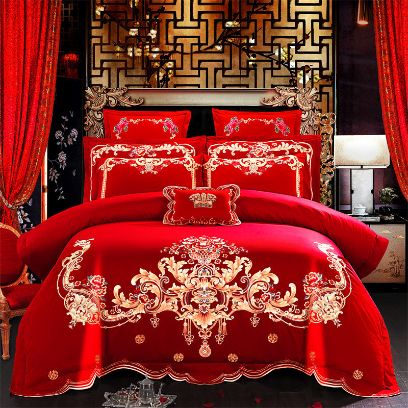 Cotton Four-Piece Set Embroidery Big Red Joy Bedding Wedding Quilt Cover Wedding Bedding Wedding Set Wedding bedding