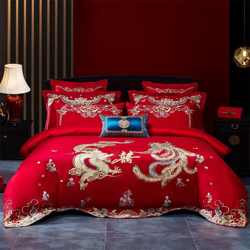 Cotton Four-Piece Set Embroidery Big Red Joy Bedding Wedding Quilt Cover Wedding Bedding Wedding Set Wedding bedding
