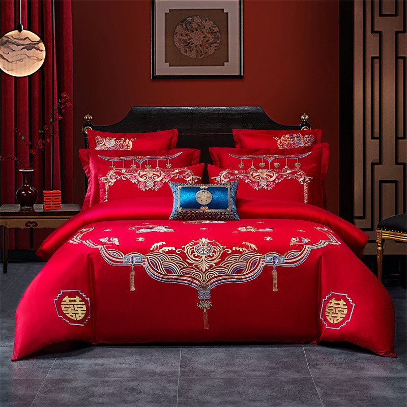 Cotton Four-Piece Set Embroidery Big Red Joy Bedding Wedding Quilt Cover Wedding Bedding Wedding Set Wedding bedding