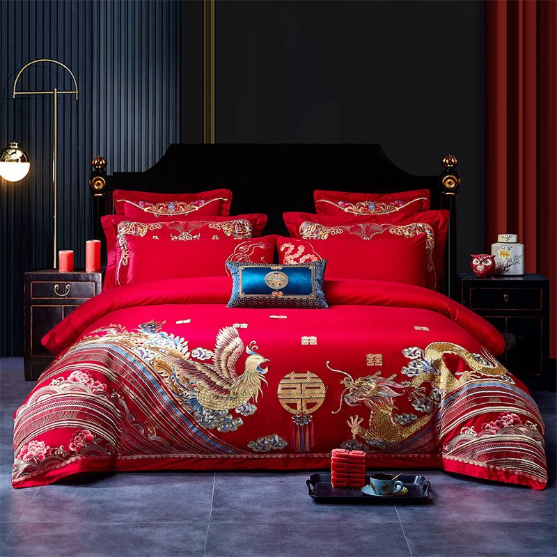 Cotton Four-Piece Set Embroidery Big Red Joy Bedding Wedding Quilt Cover Wedding Bedding Wedding Set Wedding bedding