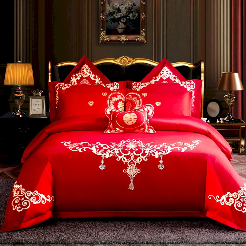 Cotton Four-Piece Set Embroidery Big Red Joy Bedding Wedding Quilt Cover Wedding Bedding Wedding Set Wedding bedding