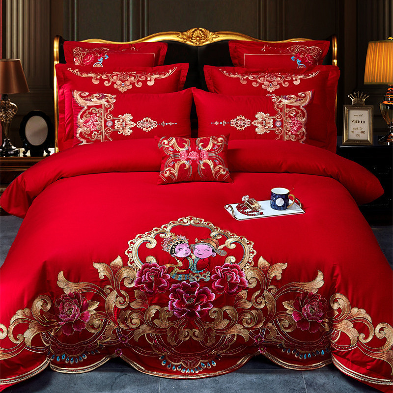 Cotton Four-Piece Set Embroidery Big Red Joy Bedding Wedding Quilt Cover Wedding Bedding Wedding Set Wedding bedding