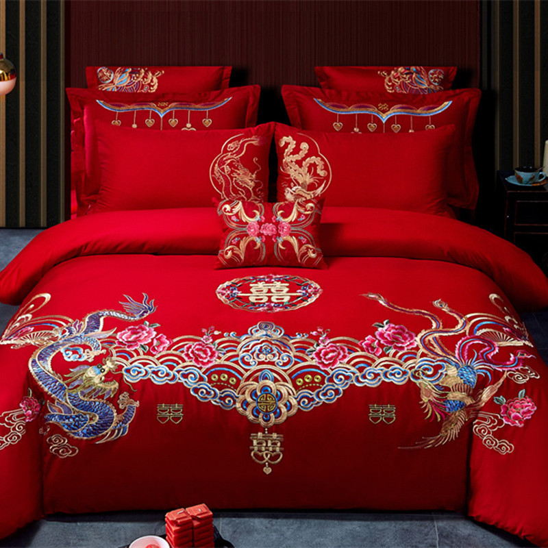 Cotton Four-Piece Set Embroidery Big Red Joy Bedding Wedding Quilt Cover Wedding Bedding Wedding Set Wedding bedding