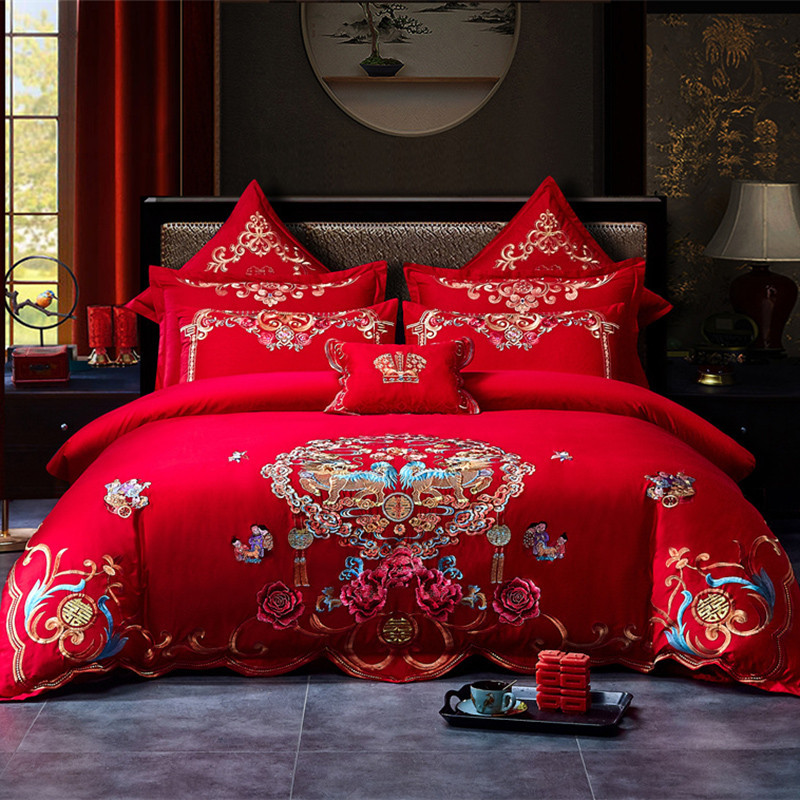 Cotton Four-Piece Set Embroidery Big Red Joy Bedding Wedding Quilt Cover Wedding Bedding Wedding Set Wedding bedding