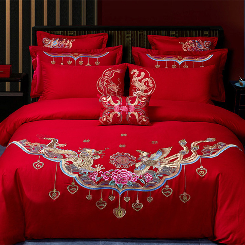 Cotton Four-Piece Set Embroidery Big Red Joy Bedding Wedding Quilt Cover Wedding Bedding Wedding Set Wedding bedding