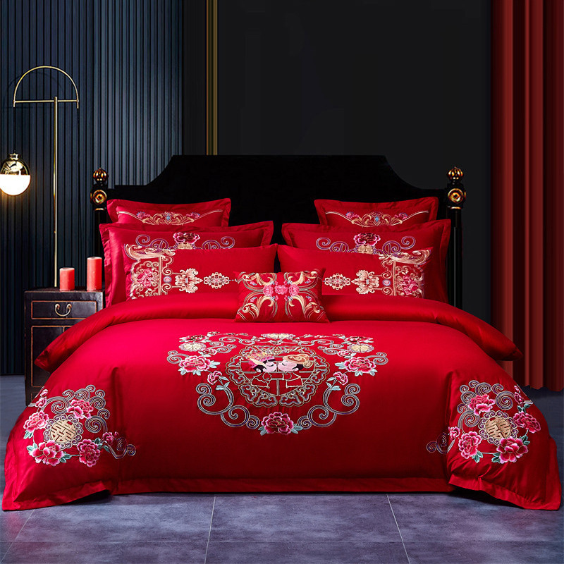 Cotton Four-Piece Set Embroidery Big Red Joy Bedding Wedding Quilt Cover Wedding Bedding Wedding Set Wedding bedding