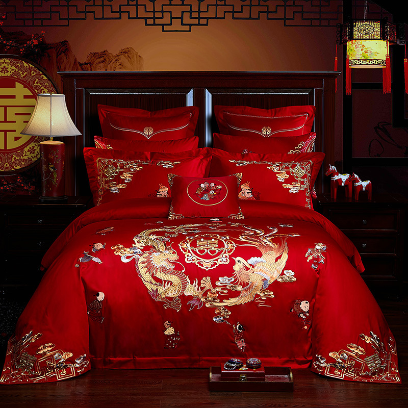 Direct Sales Wedding Embroidery Wedding Four-Piece Jacquard Red Wedding Match Sets-Piece Cotton Bedding Wedding bedding