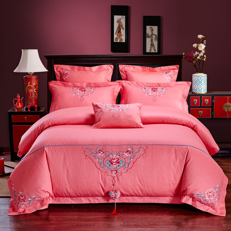 Direct Sales Wedding Embroidery Wedding Four-Piece Jacquard Red Wedding Match Sets-Piece Cotton Bedding Wedding bedding