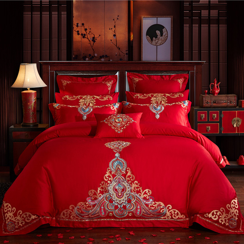Direct Sales Wedding Embroidery Wedding Four-Piece Jacquard Red Wedding Match Sets-Piece Cotton Bedding Wedding bedding