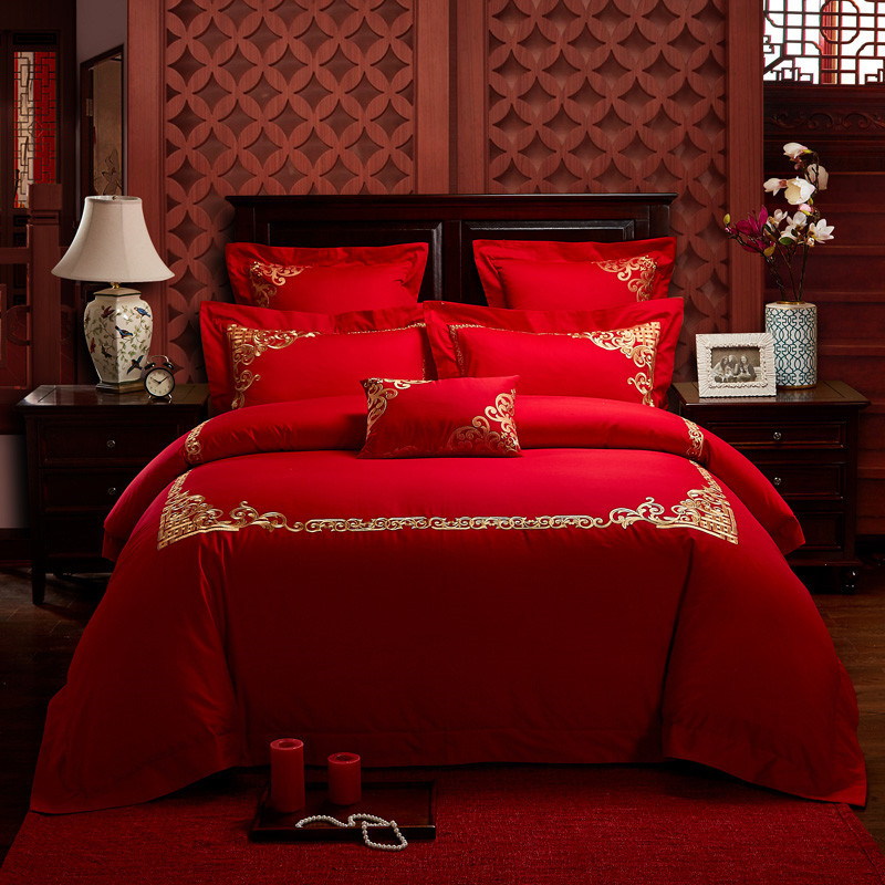 Direct Sales Wedding Embroidery Wedding Four-Piece Jacquard Red Wedding Match Sets-Piece Cotton Bedding Wedding bedding
