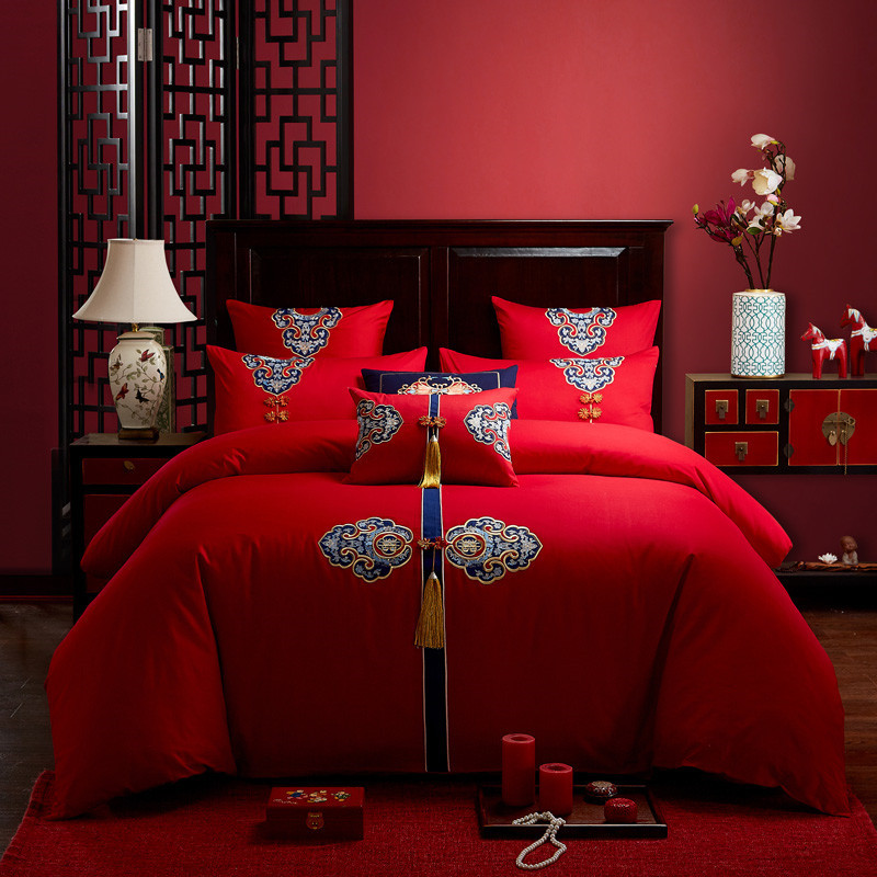Direct Sales Wedding Embroidery Wedding Four-Piece Jacquard Red Wedding Match Sets-Piece Cotton Bedding Wedding bedding